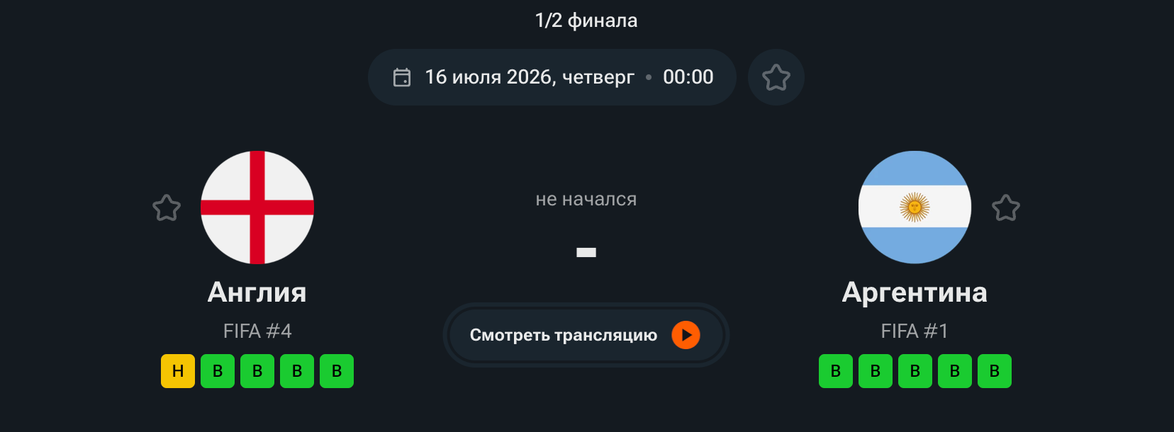 Англия – Аргентина (1/2, 15.07.2026)